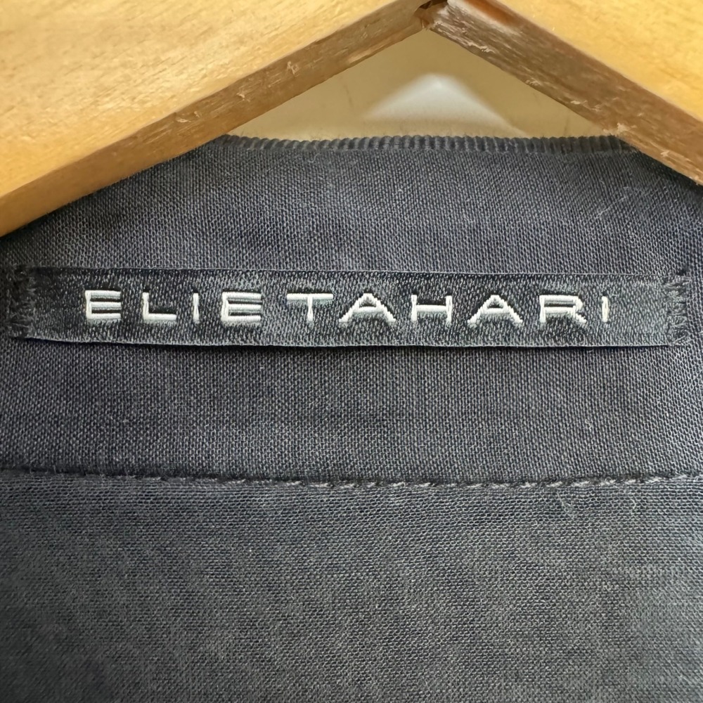 Elie Tahari Top XL Navy Blue Silk Cotton Blend Button Down Mixed Media Shirt - Picture 3 of 12